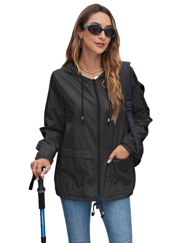 Hount Women's Lightweight Travel Trench Raincoat Hoodie Waterproof Hiking Packable Rain Jacket (L, Black) - Image 4